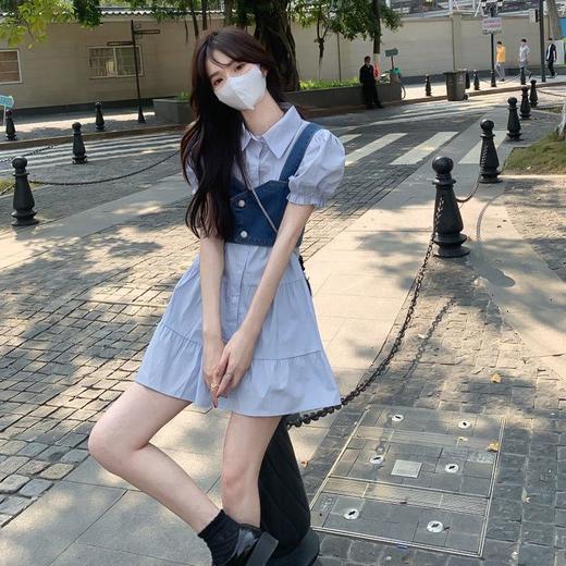 【G商品推广】夏季甜辣风牛仔吊带泡泡袖衬衣套装 商品图4