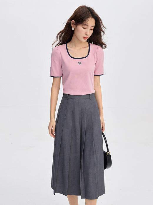 【专属特价】熙世界撞色方领T恤女短袖修身显瘦百搭棉质法式上衣2025夏新款 商品图2