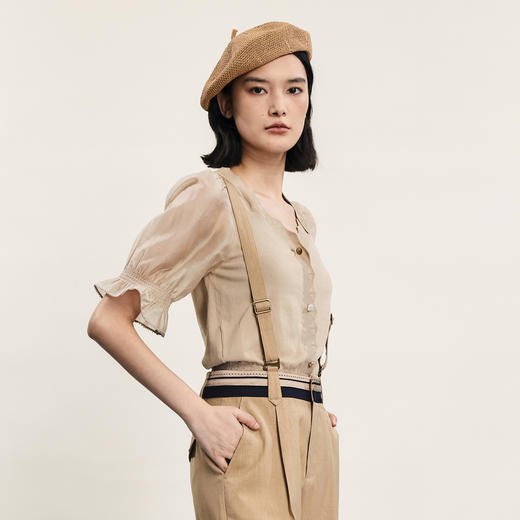 谜底套头针织衫短袖女2024夏季新品时髦拼接泡泡袖上衣242MZ0898 商品图1