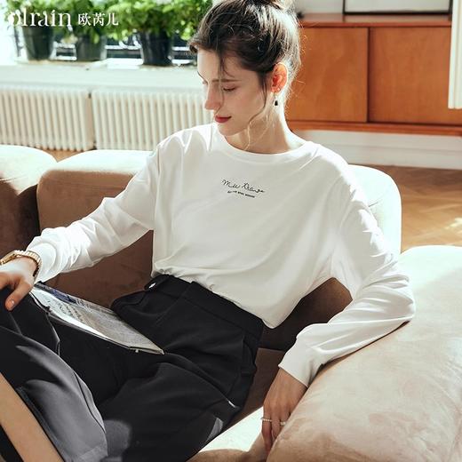 OLrain欧芮儿法式白色长袖T恤女春季2024年新款宽松字母印花上衣 商品图0