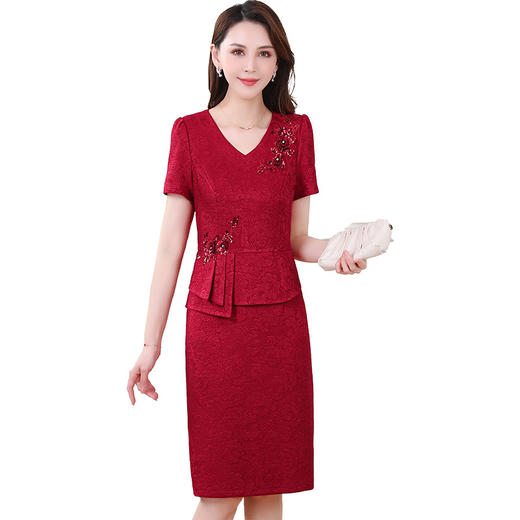 HRXYKL-DN8922-L24年夏款中长款印花通勤时尚连衣裙假两件短袖修身洋气优雅A字裙 商品图4