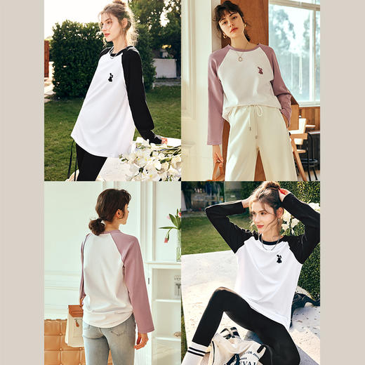 OLrain欧芮儿法式长袖T恤女春季2024年新款宽松减龄刺绣拼色上衣 商品图2