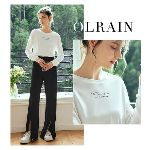 OLrain欧芮儿法式白色长袖T恤女春季2024年新款宽松字母印花上衣 商品图1