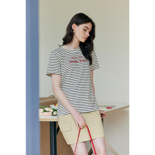 【周四精选福利】HeyDress条纹字母印花T恤女夏季圆领棉半袖宽松休闲百搭短袖上衣 商品图1