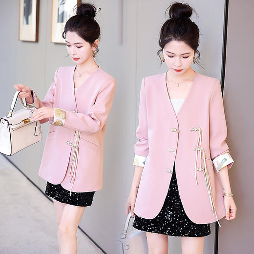 时尚复古，盘扣流苏V领拼接袖口外套HR-DMGY526 商品图4