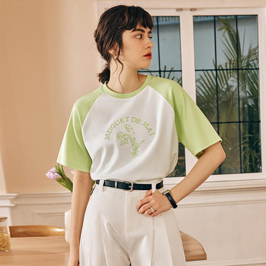 OLrain欧芮儿法式短袖T恤女夏季2024新款宽松刺绣撞色小清新上衣 商品图4