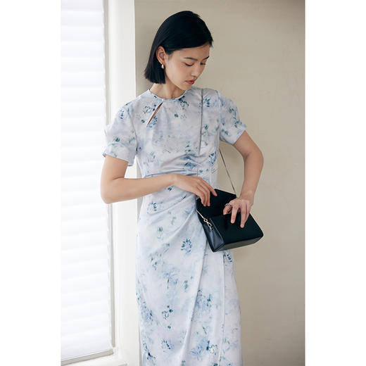 HeyDress新中式改良旗袍裙女夏季蓝色晕染印花收腰显瘦设计连衣裙 商品图3