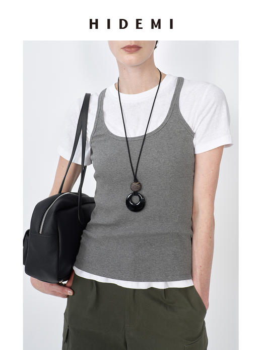 HIDEMI 极简大圆领弹力针织自然棉细肩带背心 商品图2