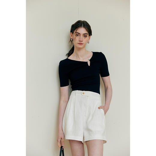 HeyDress天丝针织t恤女夏季不对称领设计短袖性感别致高级感半袖 商品图3