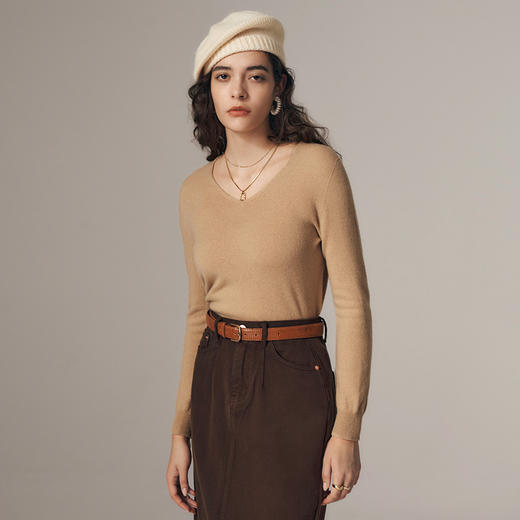 OLrain欧芮儿法式V领羊毛打底衫女初秋2023新款百搭显瘦修身上衣 商品图0