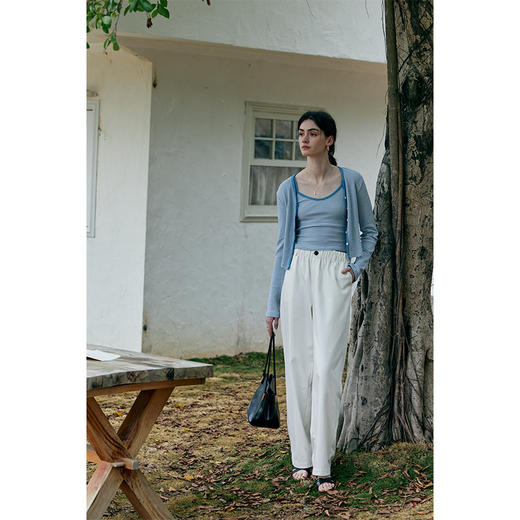 HeyDress蓝色条纹针织开衫女春夏法式撞色设计V领吊带背心两件套 商品图2