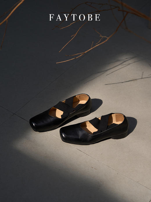 faytobe25早春水洗做旧马皮手工芭蕾舞鞋方头皮鞋猪鼻子绑带浅口单鞋 商品图4