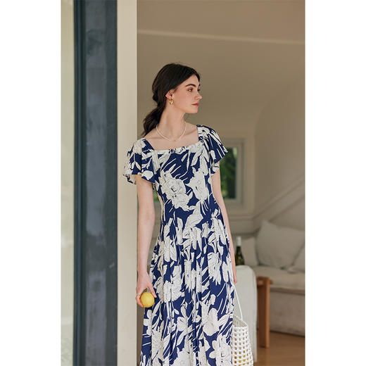 【周四精选福利】HeyDress法式印花连衣裙女夏季复古收腰度假风浪漫气质一字领裙子 商品图1