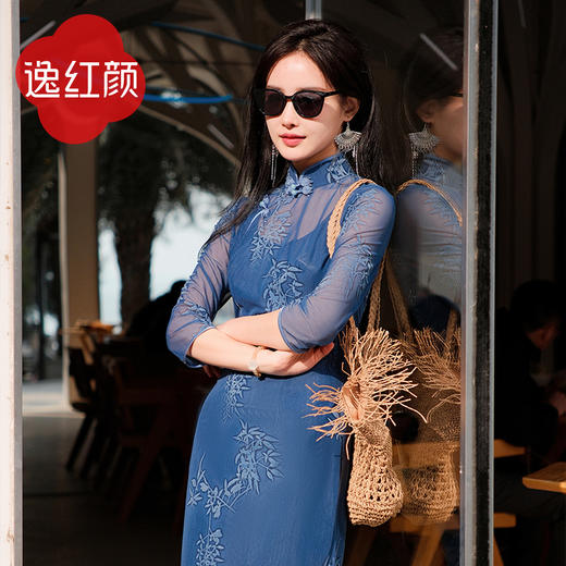 上海逸红颜轩竹2025春新微弹松弛感网布植绒文艺中式七分袖旗袍女 商品图0