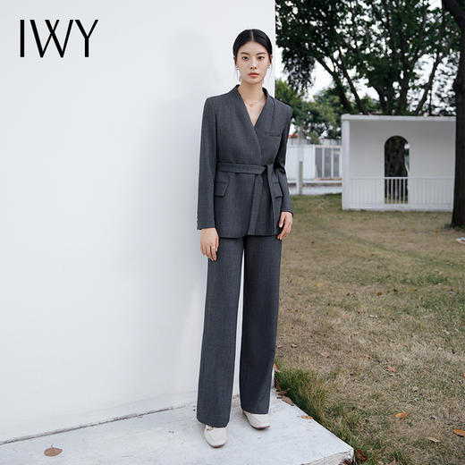 IWY/高端复古蓝灰色西装套装女气质设计师款收腰系带西服经理通勤C14230+P34230 商品图1