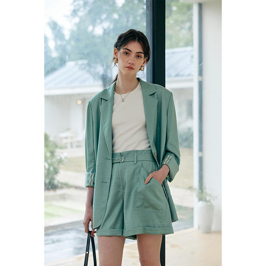 HeyDress亚麻西装外套女春夏法式宽松高级肌理感套装高腰显瘦短裤 商品图0