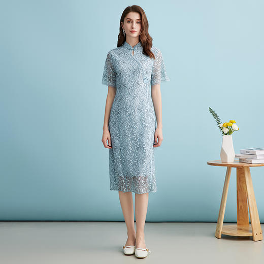 EITIE爱特爱新中式蓝色立领修身显瘦蕾丝旗袍连衣裙夏季新款B2407332 商品图1