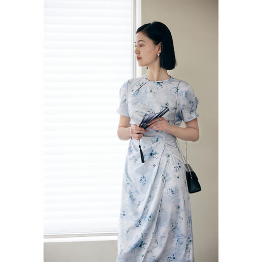 HeyDress新中式改良旗袍裙女夏季蓝色晕染印花收腰显瘦设计连衣裙 商品图1