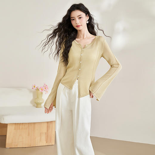 休闲天丝针织轻薄防晒衫女新款百搭外搭V领开衫外套V0440345 商品图2