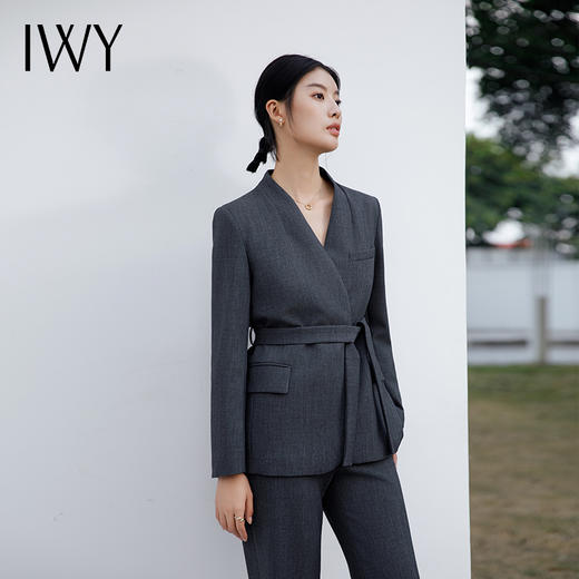 IWY/高端复古蓝灰色西装套装女气质设计师款收腰系带西服经理通勤C14230+P34230 商品图0