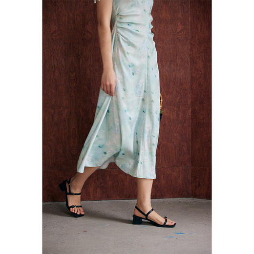 HeyDress绿色晕染印花连衣裙女夏季收腰抽褶设计感新中式气质裙子 商品图2