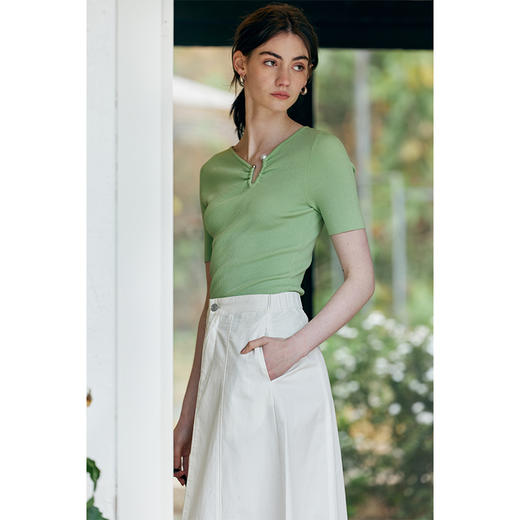 HeyDress天丝针织t恤女夏季不对称领设计短袖性感别致高级感半袖 商品图0