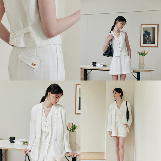 【周四精选福利】HeyDress亚麻套装法式高级感西装外套V领马甲高腰显瘦短裤 商品图2