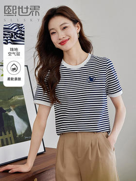 【专属特价】熙世界海魂风条纹T恤女短袖2025夏款减龄猫咪刺绣圆领体恤上衣