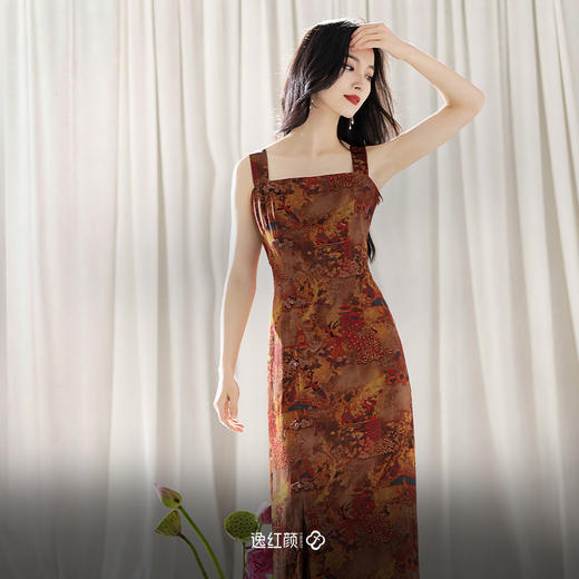 逸红颜妙玄2025夏季新款香云纱连衣裙女山茶花香云纱吊带裙宽肩带 商品图2