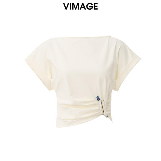VIMAGE纬漫纪夏季新款时尚设计感环扣收腰连肩袖一字领T恤上衣V2113712 商品图0