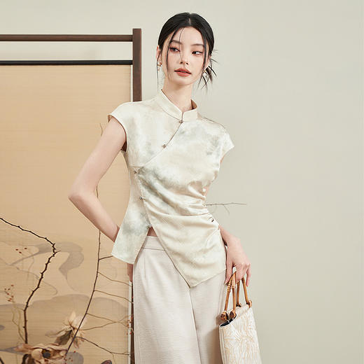 新中式国风不规则开襟珠扣短袖衬衫新款古典温婉衬衣V0440186 商品图3