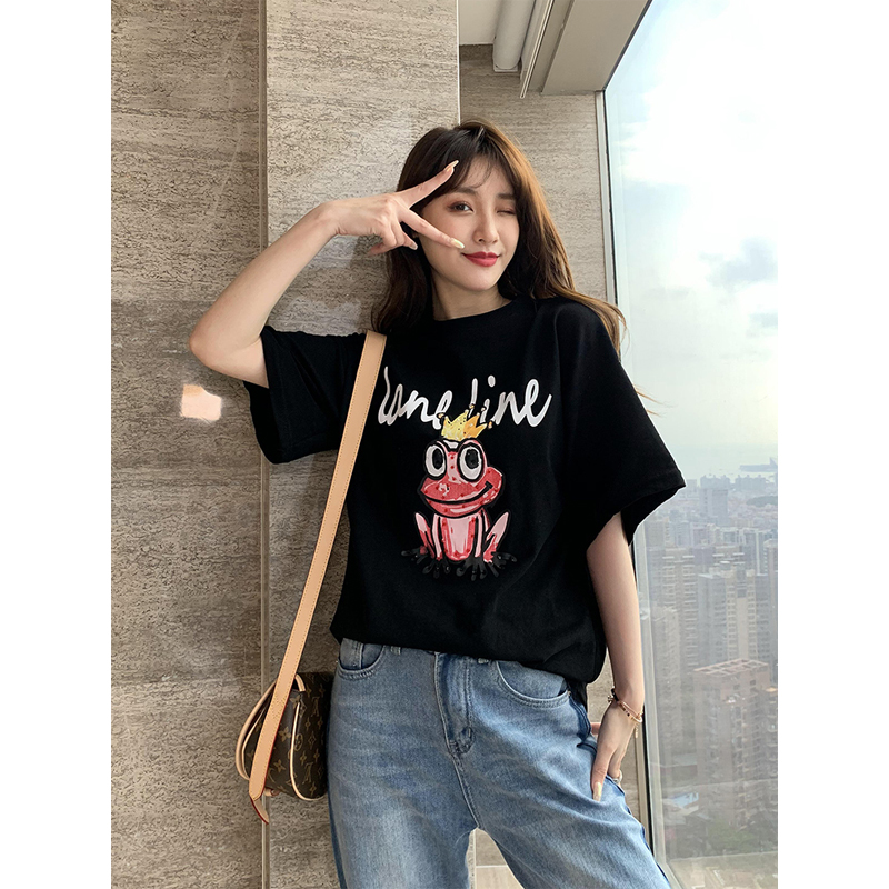 欧芮儿夏季黑色T恤青蛙均码