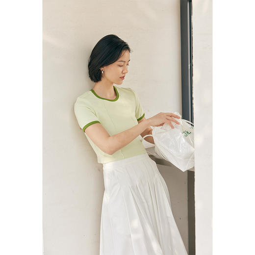 HeyDress撞色t恤女夏季圆领修身短款半袖麻花肌理设计感短袖上衣 商品图0