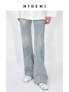HIDEMI蓝色柔软做旧感多重水洗喇叭形宽松阔腿牛仔裤