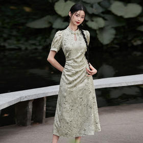 新中式国风立领提花短袖连衣裙女新款旗袍领镂空长裙V0540278