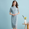 EITIE爱特爱新中式蓝色立领修身显瘦蕾丝旗袍连衣裙夏季新款B2407332 商品缩略图2
