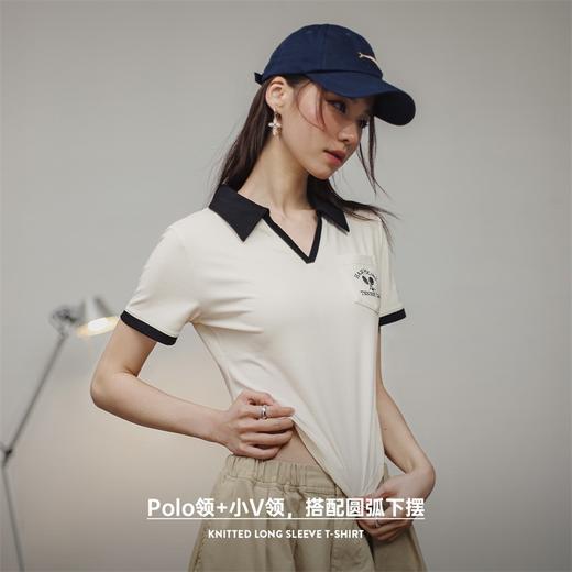 马登复古V领Polo衫正肩显瘦短袖修身T恤小众设计老钱风撞色上衣女 商品图2