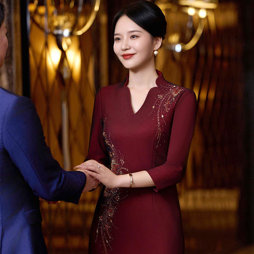 MLY喜婆婆敬酒服旗袍结婚妈妈装洋气高腰显瘦中长款过膝秋春装新款 商品图0