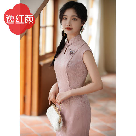 逸红颜望湘2025夏季新款旗袍改良版连衣裙女微弹水滴领缎面提花 商品图2