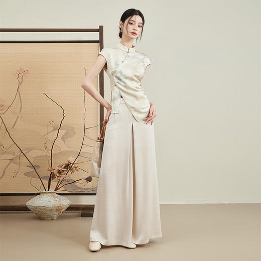 新中式国风不规则开襟珠扣短袖衬衫新款古典温婉衬衣V0440186 商品图1