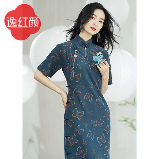 逸红颜蓝碟香云纱真丝旗袍改良版连衣裙女高贵大气短袖斜襟旗袍 商品图2