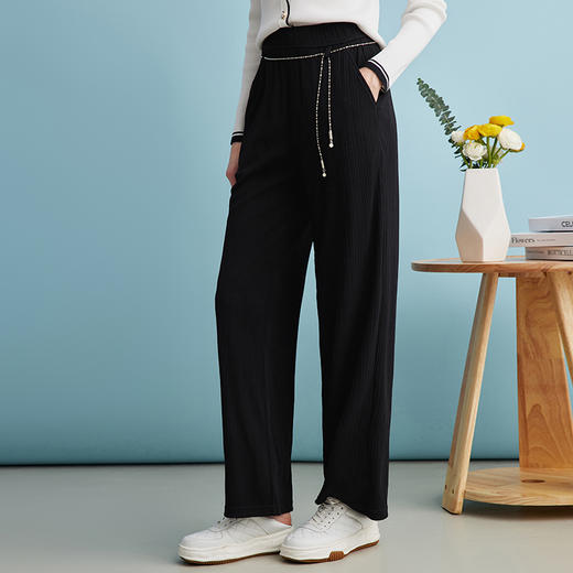 EITIE爱特爱通勤高腰显瘦直筒垂坠黑色松紧腰长裤24夏季新款B2405306 商品图2