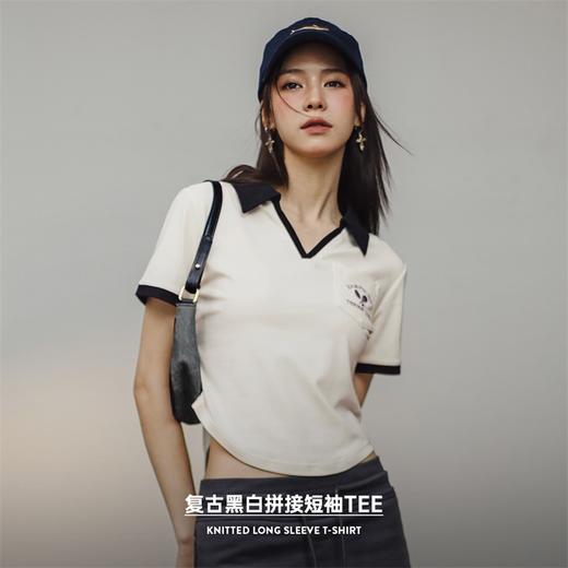 马登复古V领Polo衫正肩显瘦短袖修身T恤小众设计老钱风撞色上衣女 商品图1