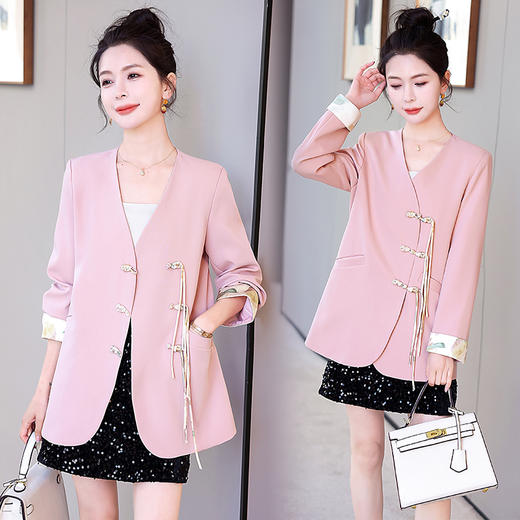 时尚复古，盘扣流苏V领拼接袖口外套HR-DMGY526 商品图1