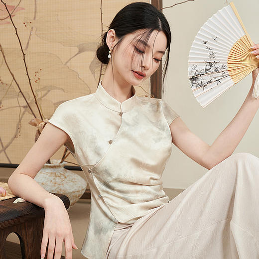 新中式国风不规则开襟珠扣短袖衬衫新款古典温婉衬衣V0440186 商品图2