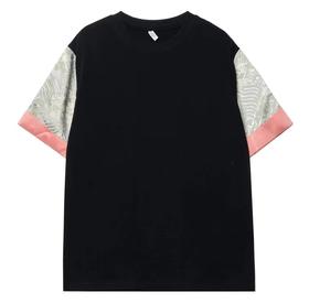 T281古布拼接短袖男夏季潮牌时尚撞色圆领半袖新款夏装休闲上衣服