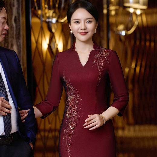 MLY喜婆婆敬酒服旗袍结婚妈妈装洋气高腰显瘦中长款过膝秋春装新款 商品图2