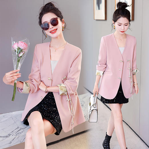 时尚复古，盘扣流苏V领拼接袖口外套HR-DMGY526 商品图0