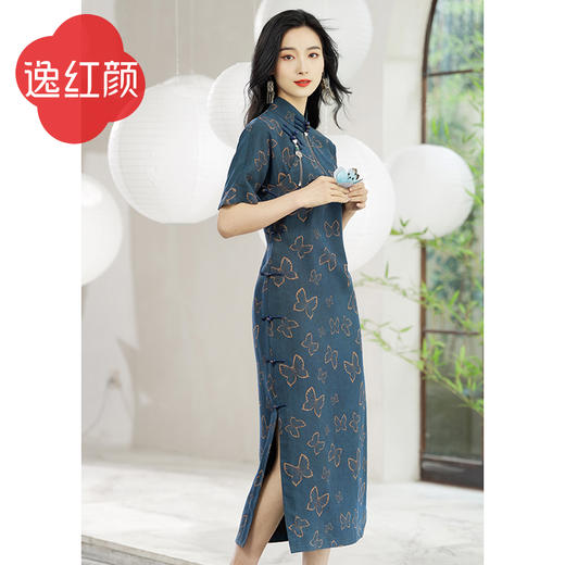 逸红颜蓝碟香云纱真丝旗袍改良版连衣裙女高贵大气短袖斜襟旗袍 商品图3