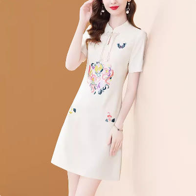 AHM-5336新中式重工刺绣立领夏季新款复古国风盘扣高级感裙子 商品图0